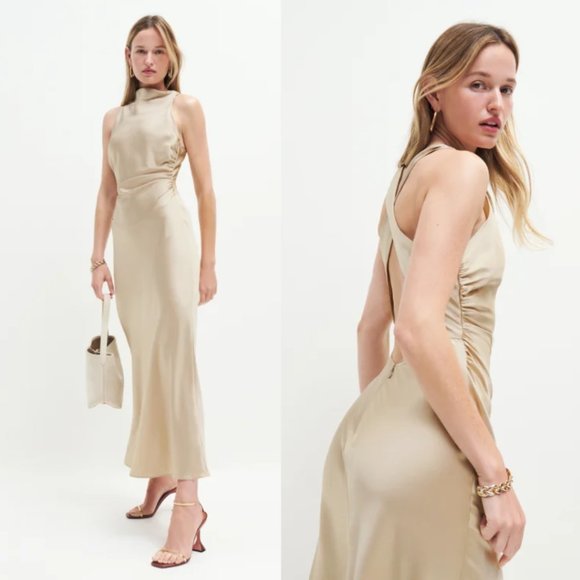 NWT Reformation Casette Silk Maxi Dress in Sand Tan Sz 4 Criss-cross Back Ruched - Picture 2 of 14